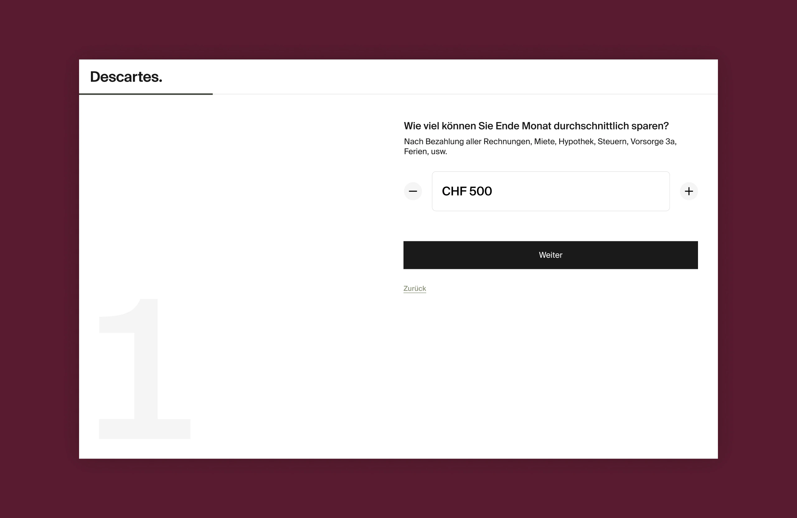 Descartes onboarding layout at full desktop width